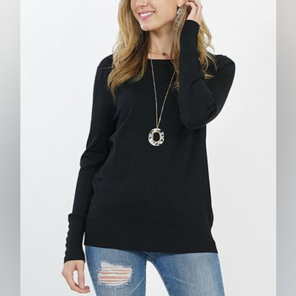 Button-cuff Crewneck Sweater